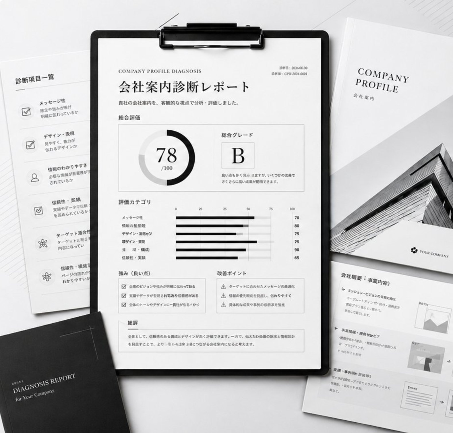 会社案内診断レポートの見本（総合スコア78・グレードB・評価カテゴリ・改善ポイント）
