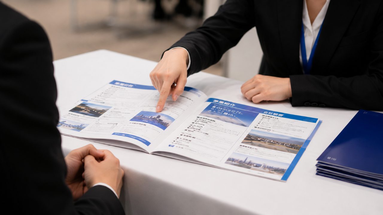 個別面談・会社見学でパンフレットを提示